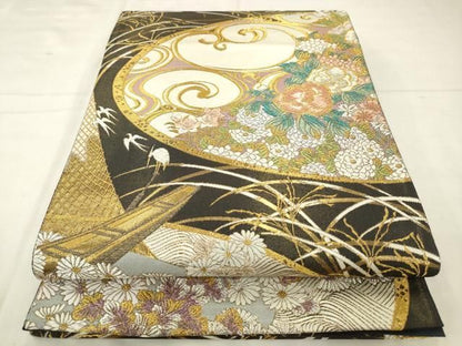 平和屋着物●伝統工芸士　大塩宏二郎　六通柄袋帯　花鳥文　金銀糸　正絹　逸品　AABM4982pf