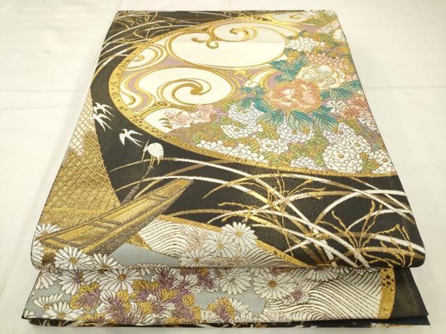 平和屋着物●伝統工芸士　大塩宏二郎　六通柄袋帯　花鳥文　金銀糸　正絹　逸品　AABM4982pf