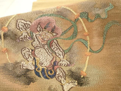 平和屋着物●西陣　京の名門　じゅらく謹製　爪掻き本綴れ　太鼓柄袋帯　手織　雷神図　金糸　反端付き　正絹　逸品　AABM4992pf