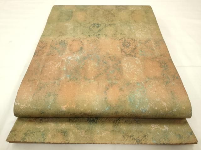 平和屋着物●伝統工芸品　伊那紬　手織り　全通柄袋帯　霞花文　正絹　逸品　AABM4993pf