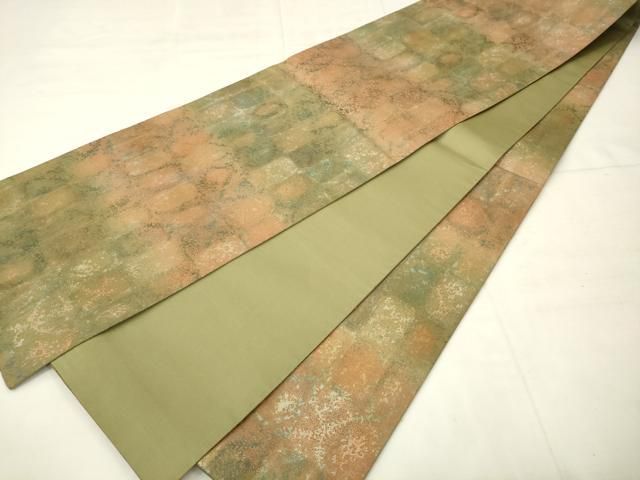 平和屋着物●伝統工芸品　伊那紬　手織り　全通柄袋帯　霞花文　正絹　逸品　AABM4993pf