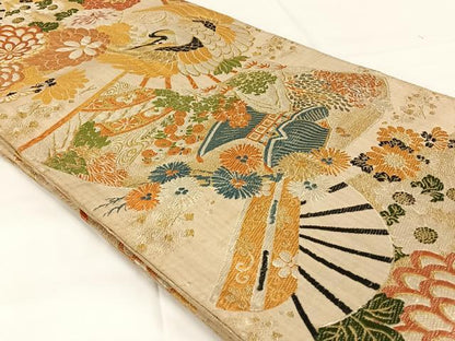 平和屋着物◎アンティーク　大正ロマン　丸帯　唐織　扇面鶴丸文　竹若宝國　正絹　逸品　AABM5014dk