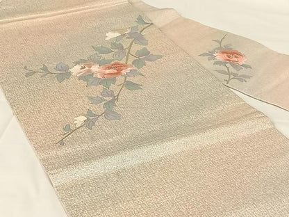 平和屋着物◎九寸名古屋帯　刺繍　枝花文　銀糸　正絹　逸品　AABM5017dk