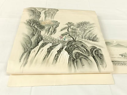 平和屋着物◎塩瀬　九寸名古屋帯　手描き　人物風景文　正絹　逸品　AABM5020dk