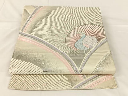 平和屋着物◎六通柄袋帯　唐織　孔雀文　銀糸　正絹　逸品　AABM5023dk