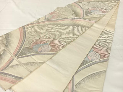 平和屋着物◎六通柄袋帯　唐織　孔雀文　銀糸　正絹　逸品　AABM5023dk