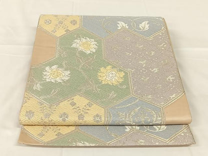 平和屋着物◎六通柄袋帯　唐織　毘沙門亀甲花文　銀糸　正絹　逸品　AABM5027dk