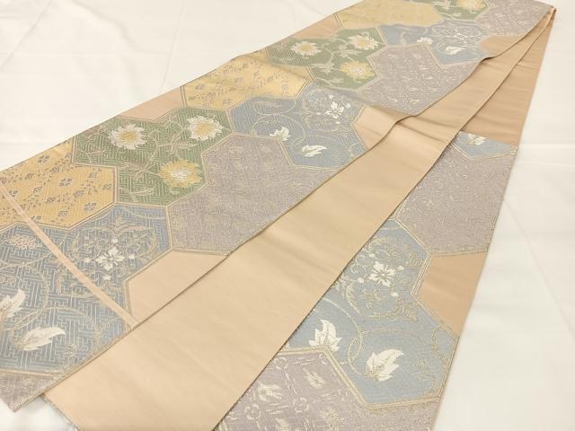 平和屋着物◎六通柄袋帯　唐織　毘沙門亀甲花文　銀糸　正絹　逸品　AABM5027dk