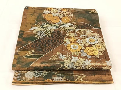 平和屋着物◎六通柄袋帯　流水花丸文　金銀糸　正絹　逸品　AABM5033dk