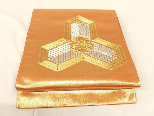 平和屋着物◎太鼓柄袋帯　駒刺繍　毘沙門亀甲花文　金糸　正絹　逸品　AABM5035dk