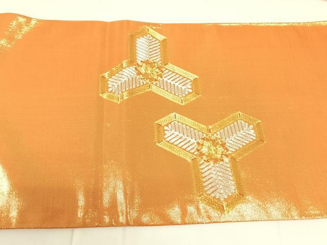 平和屋着物◎太鼓柄袋帯　駒刺繍　毘沙門亀甲花文　金糸　正絹　逸品　AABM5035dk