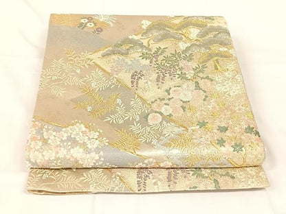 平和屋着物◎六通柄袋帯　唐織　裂取桜松文　金糸　正絹　逸品　AABM5040dk
