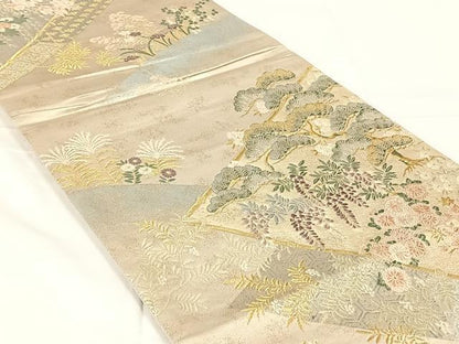 平和屋着物◎六通柄袋帯　唐織　裂取桜松文　金糸　正絹　逸品　AABM5040dk