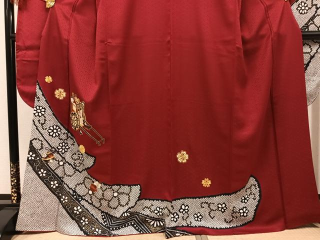 平和屋着物●豪華振袖　駒刺繍　御所車花文　金彩　京都きもの友禅扱い　正絹　逸品　AABM5042ph