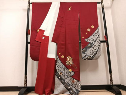 平和屋着物●豪華振袖　駒刺繍　御所車花文　金彩　京都きもの友禅扱い　正絹　逸品　AABM5042ph