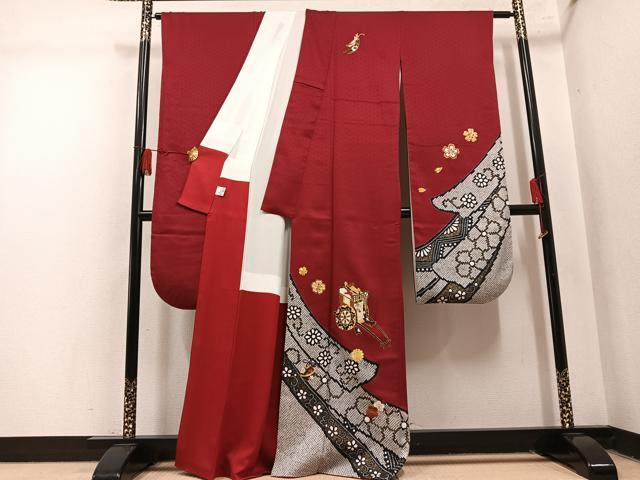 平和屋着物●豪華振袖　駒刺繍　御所車花文　金彩　京都きもの友禅扱い　正絹　逸品　AABM5042ph