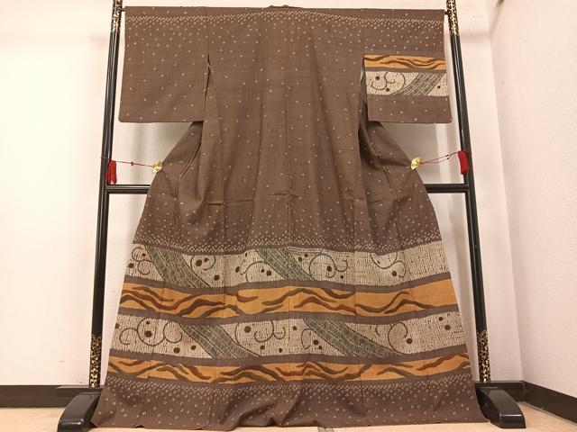 平和屋着物●訪問着　紬地　絞り　唐草文　ロング丈　正絹　逸品　AABM5052ph
