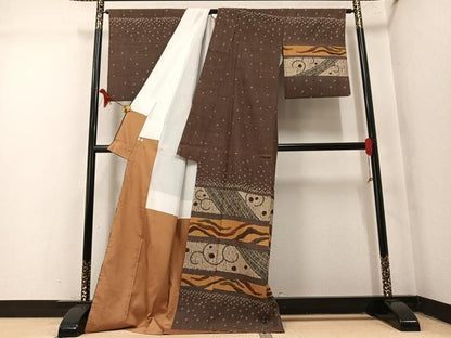 平和屋着物●訪問着　紬地　絞り　唐草文　ロング丈　正絹　逸品　AABM5052ph