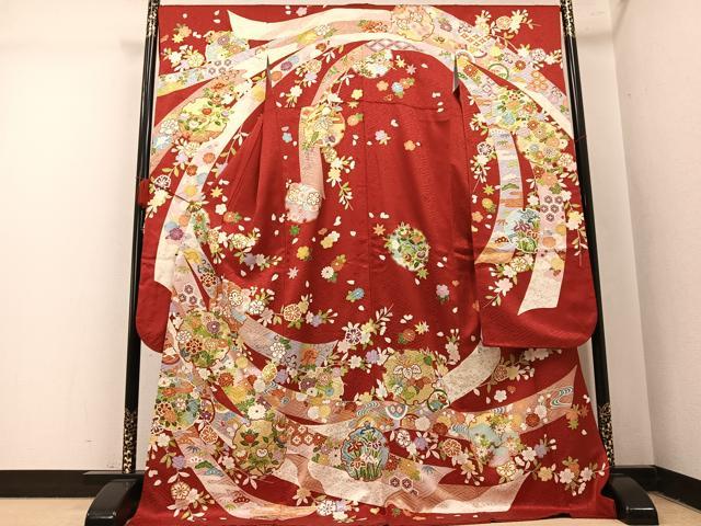 平和屋着物●豪華振袖　駒刺繍　雪輪草花文　金彩　ロング丈　正絹　逸品　AABM5057ph
