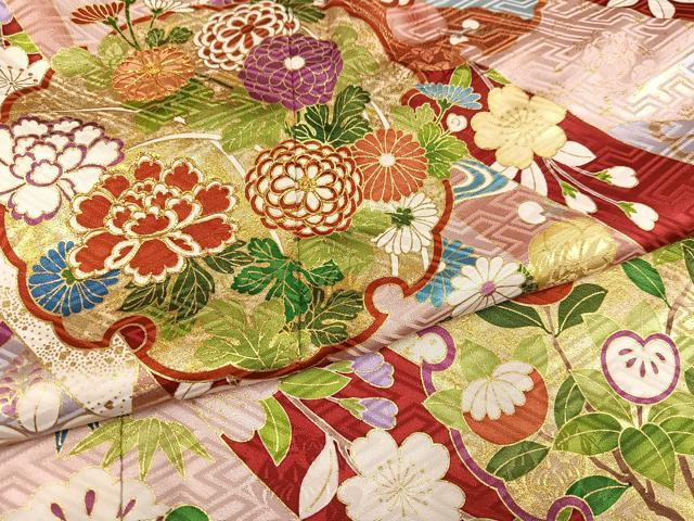 平和屋着物●豪華振袖　駒刺繍　雪輪草花文　金彩　ロング丈　正絹　逸品　AABM5057ph