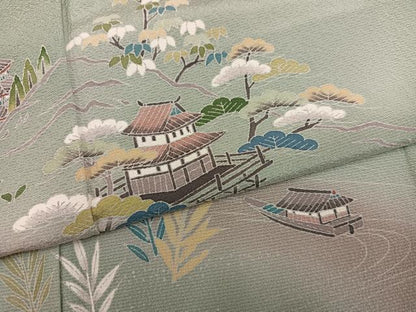 平和屋着物●訪問着　友禅　作家物　松竹梅風景文　暈し染め　正絹　逸品　AABM5059ph