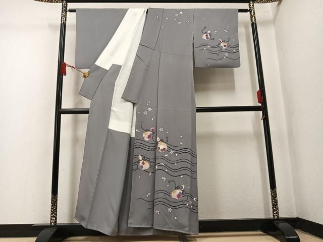平和屋着物●訪問着　駒刺繍　瓢箪雪輪兎花文　正絹　逸品　AABM5062ph