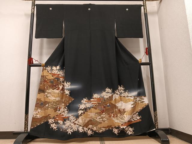 平和屋着物●豪華黒留袖　作家物　泰常　人物桜文　暈し染め　金彩　正絹　逸品　AABM5065ph