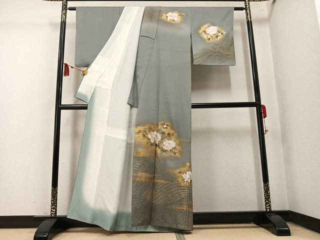 平和屋着物●訪問着　作家物　枝花文　金彩　金通し地　正絹　逸品　AABM5075ph