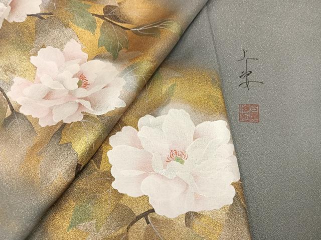 平和屋着物●訪問着　作家物　枝花文　金彩　金通し地　正絹　逸品　AABM5075ph