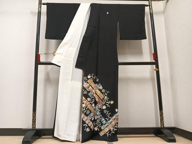 平和屋着物●豪華黒留袖　友禅　花唐草文　正絹　逸品　AABM5089ph