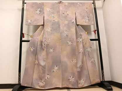 平和屋着物●染色作家　斉藤三才　小紋　草花文　暈し染め　ラメ　正絹　逸品　AABM5092ph