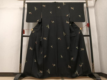 平和屋着物●上質な小紋　南天文　黒地　金彩　正絹　逸品　AABM5101ph