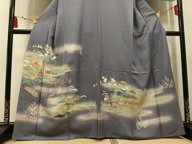 平和屋着物●訪問着　友禅　松竹梅風景文　暈し染め　正絹　逸品　未使用　AABM5108ph