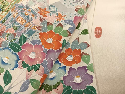 平和屋着物●訪問着　友禅　作家物　貝桶枝花文　正絹　逸品　AABM5119ph