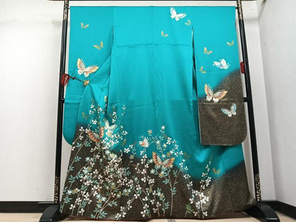 平和屋着物●豪華振袖　花蝶文　暈し染め　金彩　正絹　逸品　AABM5163ph