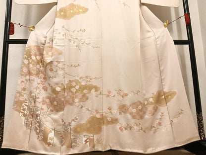 平和屋着物●訪問着　絞り　駒刺繍　雲重ね枝花文　金彩　正絹　逸品　AABM5165ph