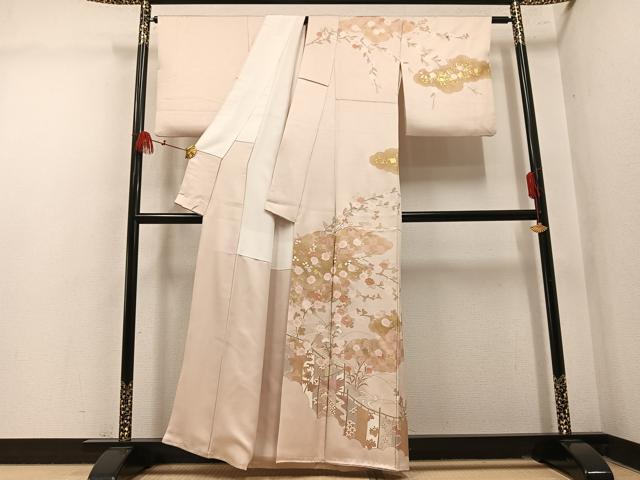 平和屋着物●訪問着　絞り　駒刺繍　雲重ね枝花文　金彩　正絹　逸品　AABM5165ph
