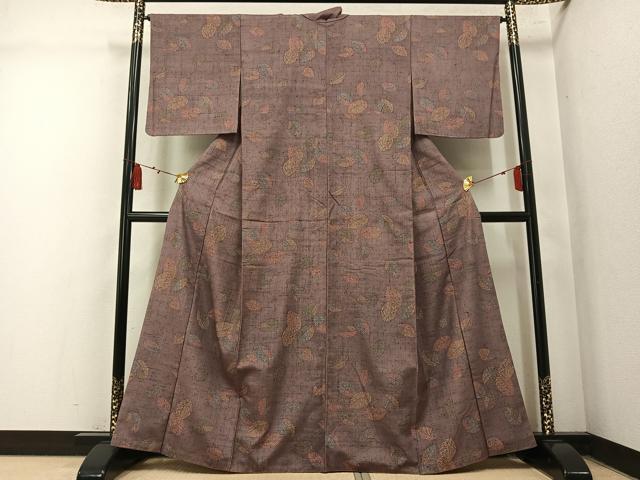 平和屋着物●上質な小紋　紬地　型染め　舞葉文　正絹　逸品　AABM5177ph