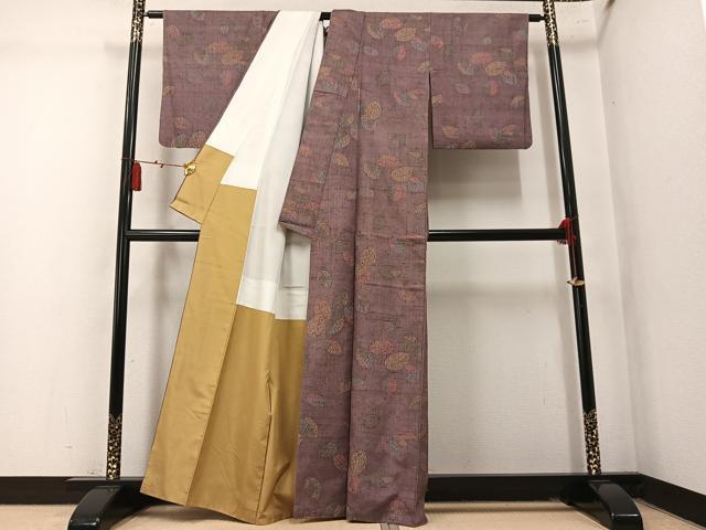 平和屋着物●上質な小紋　紬地　型染め　舞葉文　正絹　逸品　AABM5177ph