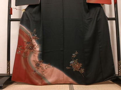 平和屋着物●訪問着　枝花文　暈し染め　黒地　正絹　逸品　AABM5180ph