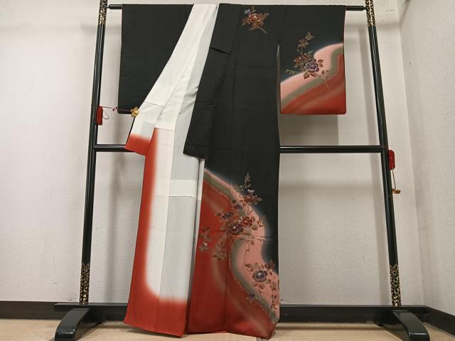 平和屋着物●訪問着　枝花文　暈し染め　黒地　正絹　逸品　AABM5180ph