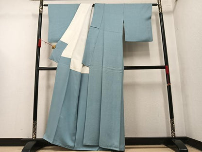 平和屋着物●上質な色無地　寿光織　花地紋　千草色　反端付き　正絹　逸品　AABM5181ph
