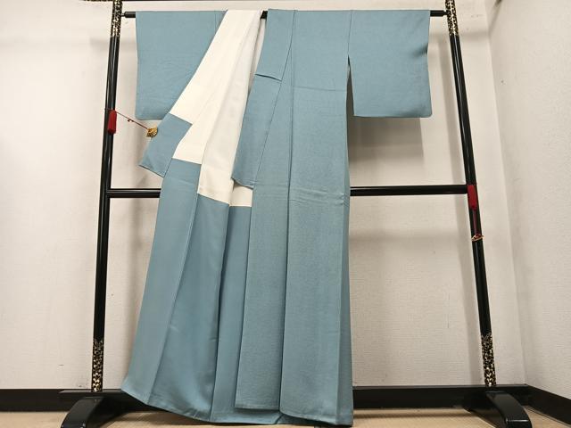 平和屋着物●上質な色無地　寿光織　花地紋　千草色　反端付き　正絹　逸品　AABM5181ph