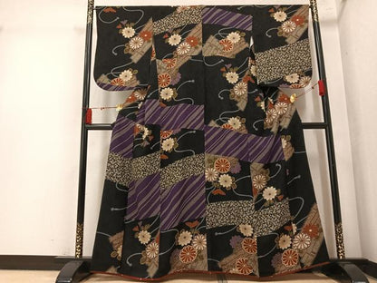 平和屋着物●訪問着草花文　黒地　噓つき襦袢　正絹　逸品　AABM5196ph
