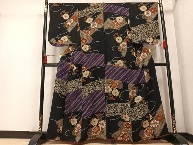 平和屋着物●訪問着草花文　黒地　噓つき襦袢　正絹　逸品　AABM5196ph