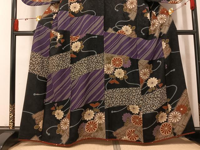 平和屋着物●訪問着草花文　黒地　噓つき襦袢　正絹　逸品　AABM5196ph