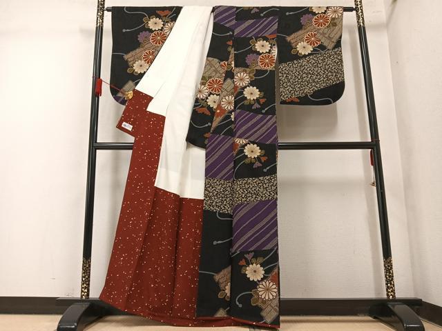 平和屋着物●訪問着草花文　黒地　噓つき襦袢　正絹　逸品　AABM5196ph