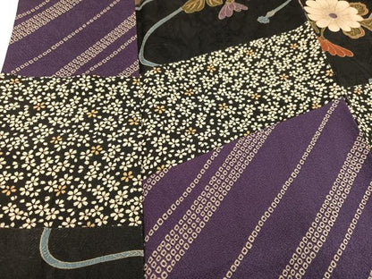 平和屋着物●訪問着草花文　黒地　噓つき襦袢　正絹　逸品　AABM5196ph