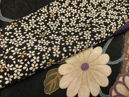 平和屋着物●訪問着草花文　黒地　噓つき襦袢　正絹　逸品　AABM5196ph