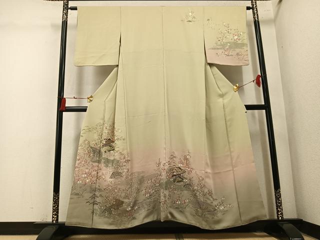 平和屋着物●訪問着　総刺繍　翠山刺繍　草花風景文　暈し染め　正絹　逸品　AABM5199ph